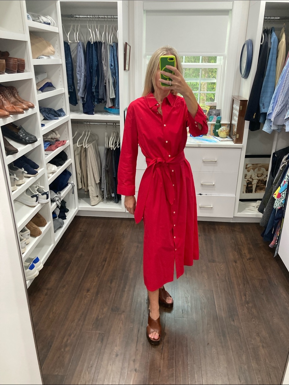 Tuckernuck Red Button-Front Shirt Dress with Waist Tie S